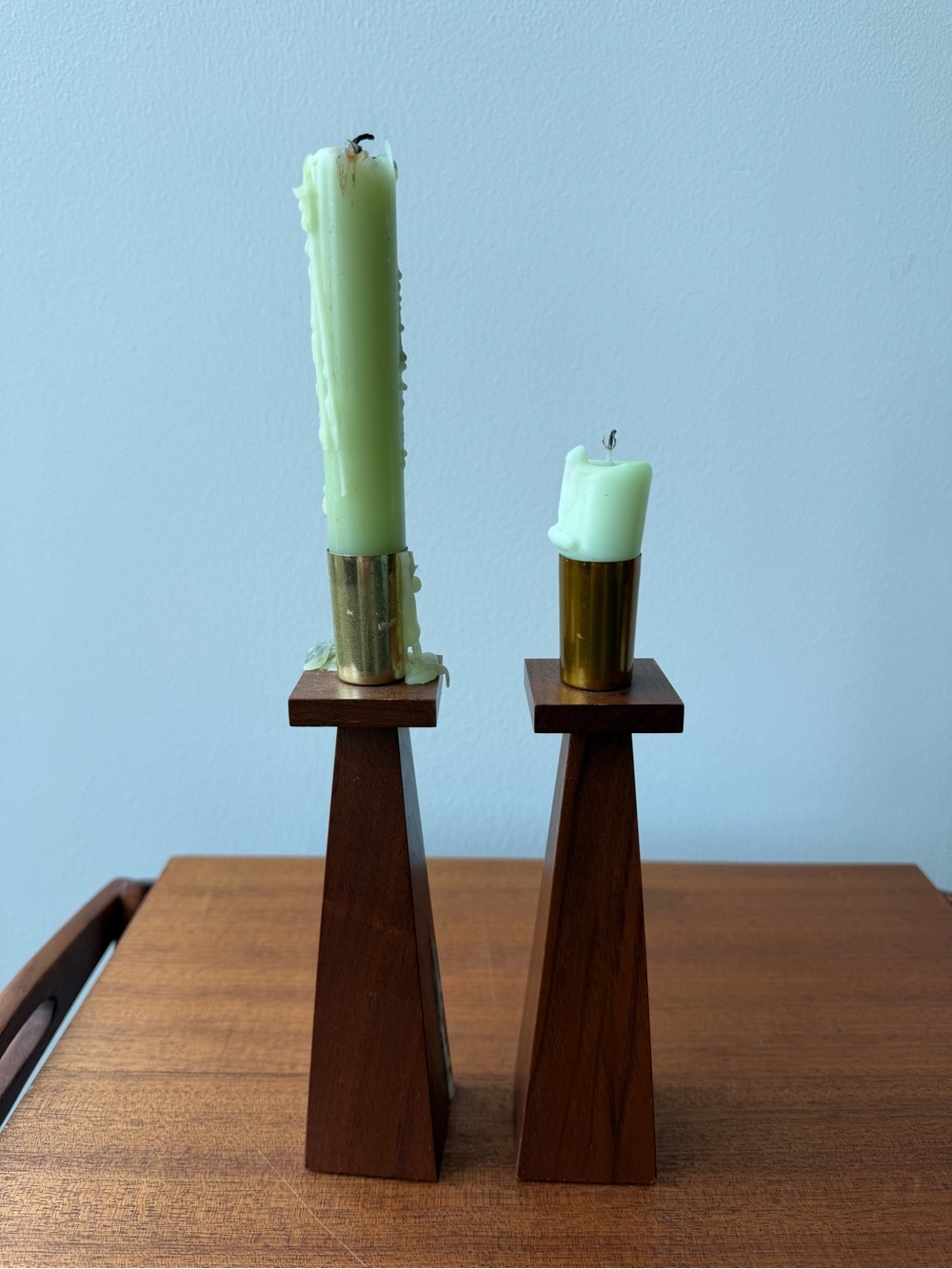 Mid-Century Modern Teak & Brass Candlesticks, Pair